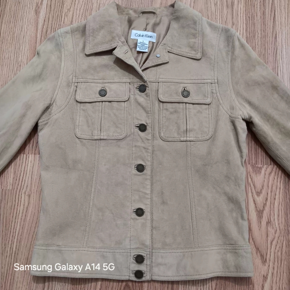Calvin Klein Women's S 100% leather Suede Tan Beige Jacket Button Up Pockets